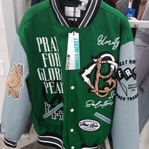 First Row Green and Gray Varsity Jacket